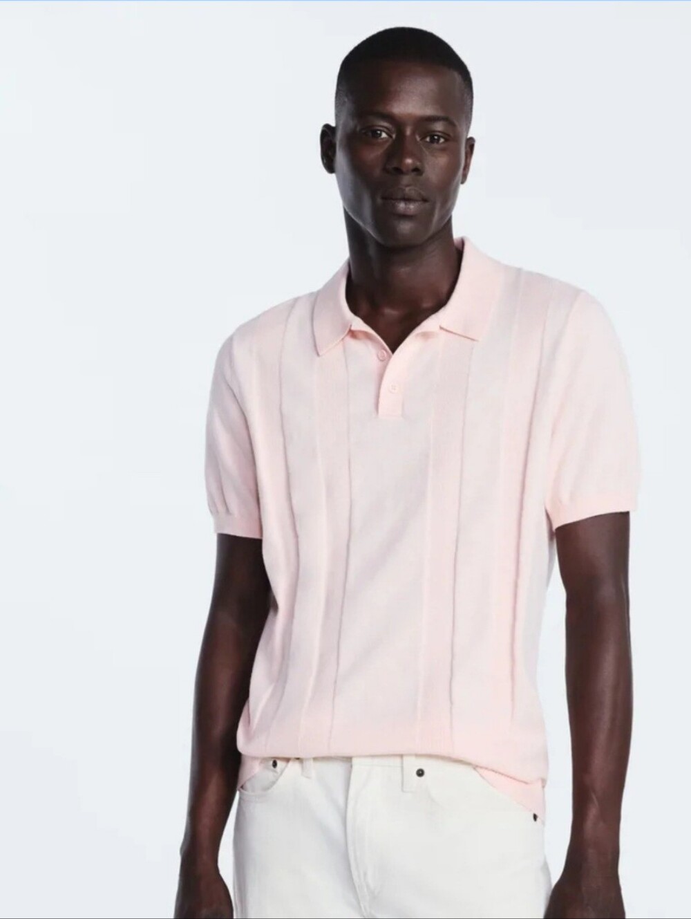 NWT Free Assembly Sz M Textured Stripe Polo Sweater, Short Sleeves, Pink Heather